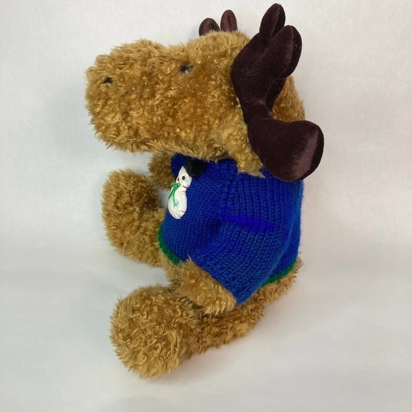 𝅺hugfun 12" Curly Hair Moose Plush Wearing Blue Snowman Sweater Winter Holiday - Picture 4 of 12